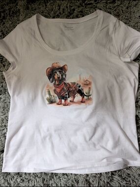 White T-Shirt with Cowboy Dachshund Wiener Dog Western Graphic XL